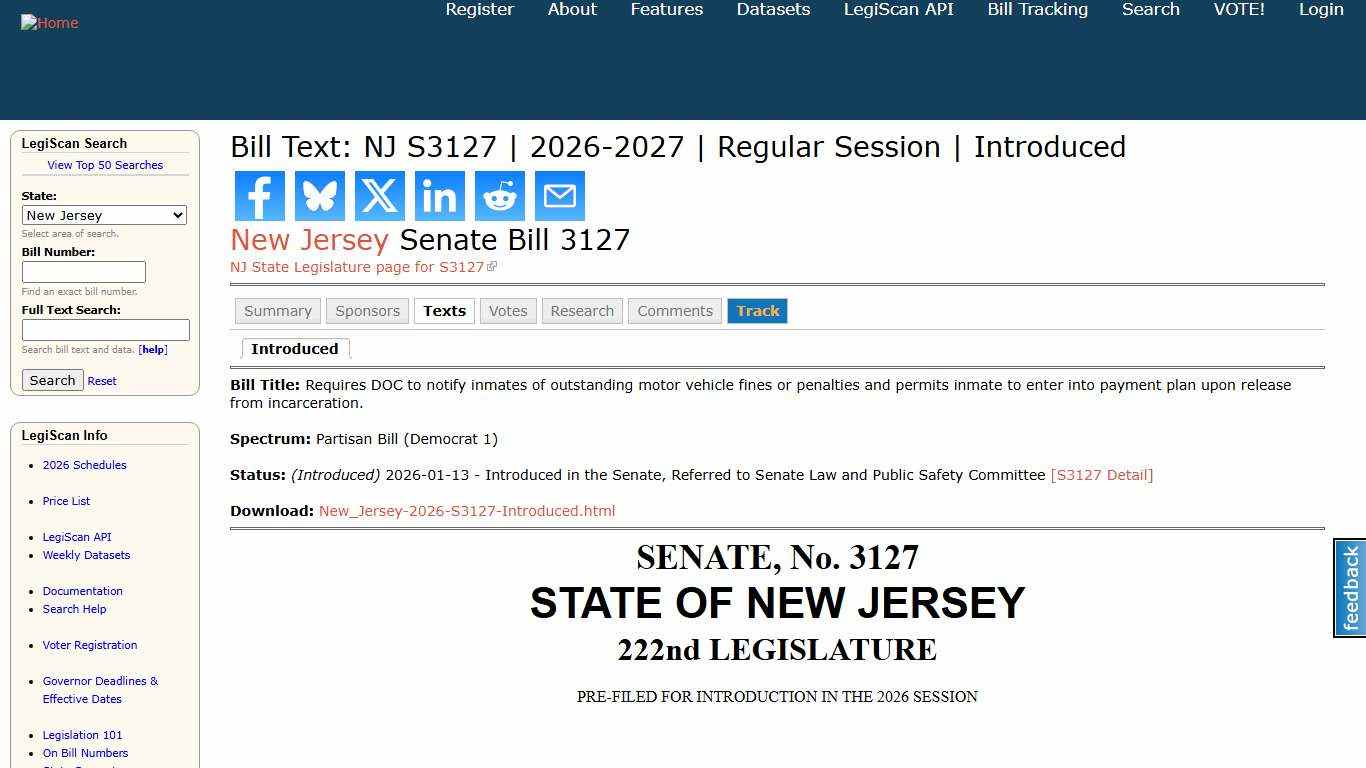 Bill Text: NJ S3127 | 2026-2027 | Regular Session | Introduced | LegiScan